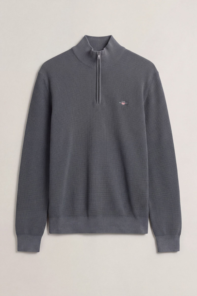 SVETER GANT MICRO TEXTURED COTTON HALF ZIP MID GREY