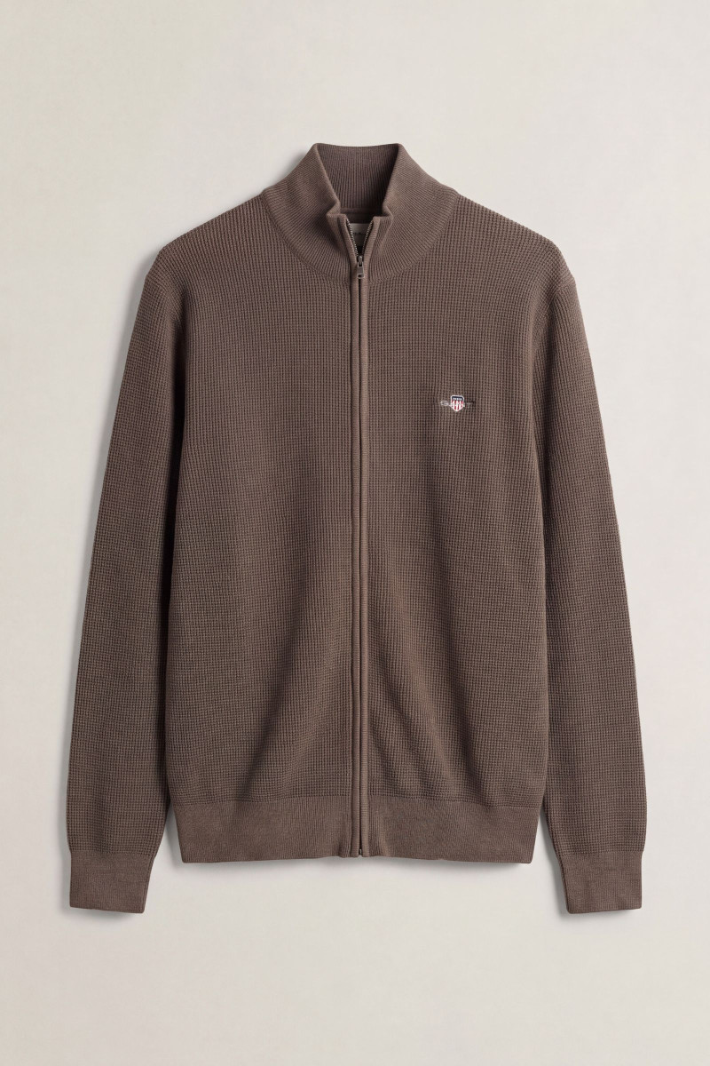 SVETER GANT MICRO TEXTURED COTTON ZIP CARDIGAN DARK HAZELNUT MELANGE