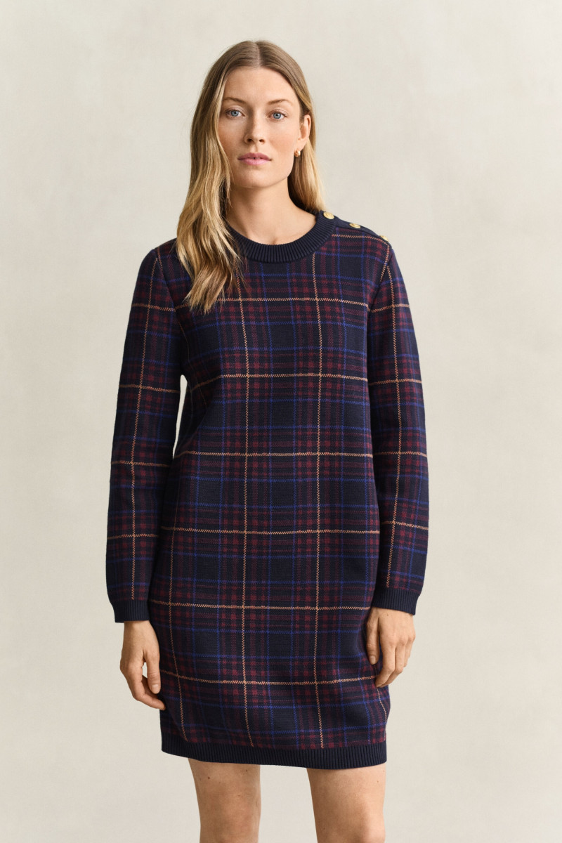 ŠATY GANT CHECK KNIT DRESS EVENING BLUE