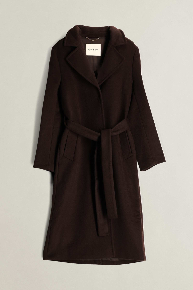 KABÁT GANT BELTED WOOL BLEND COAT DEEP BROWN