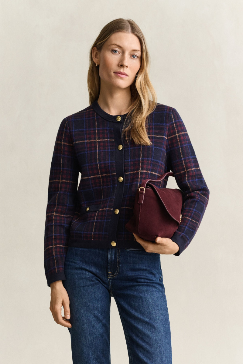 SVETER GANT CHECK KNIT C-NECK CARDIGAN EVENING BLUE