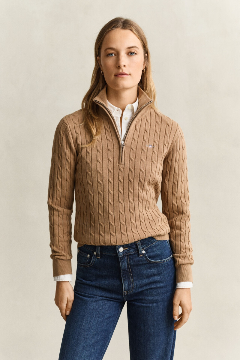 SVETER GANT STRETCH COTTON CABLE HALF-ZIP WARM KHAKI