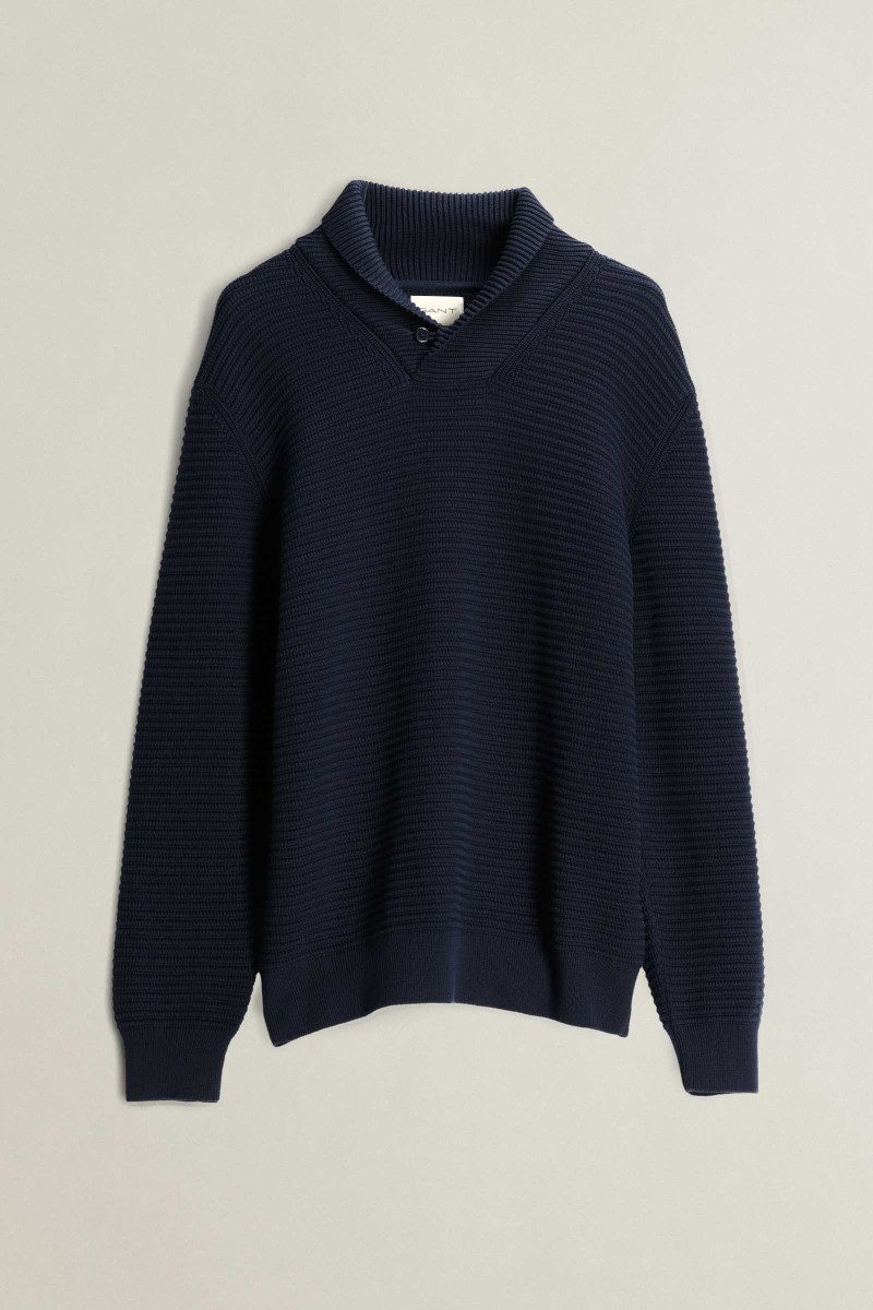 SVETER GANT TEXTURED SHAWL COLLAR SWEATER EVENING BLUE