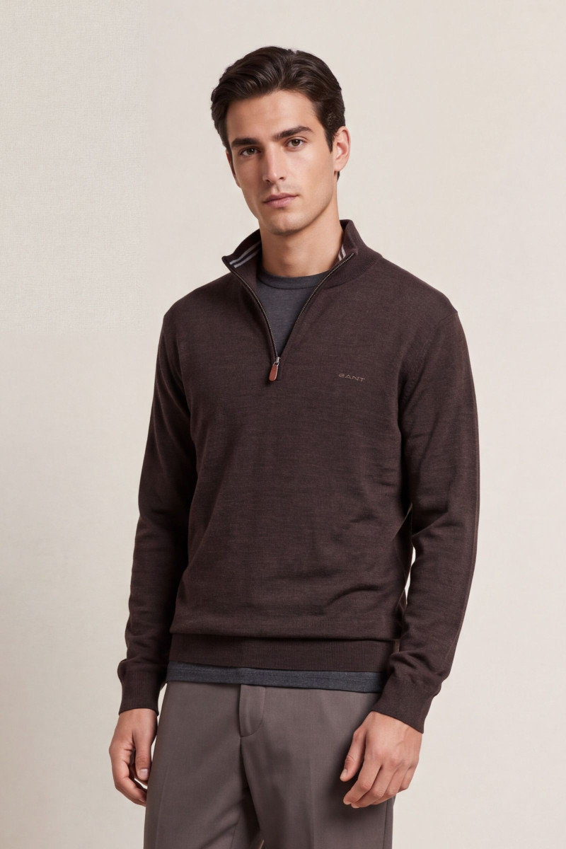 SVETER GANT EXTRAFINE MERINO WOOL HALF ZIP BLACK BROWN MELANGE