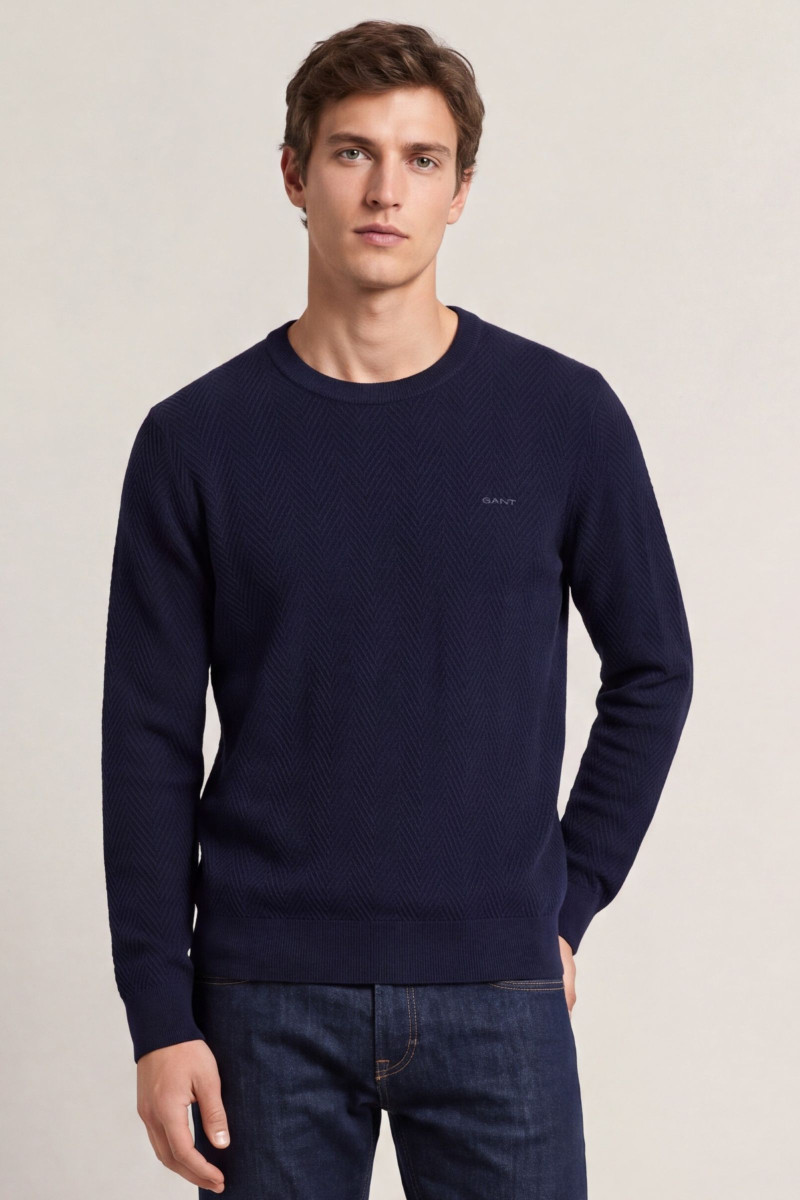 SVETER GANT HERRINGBONE TEXTURED C-NECK EVENING BLUE