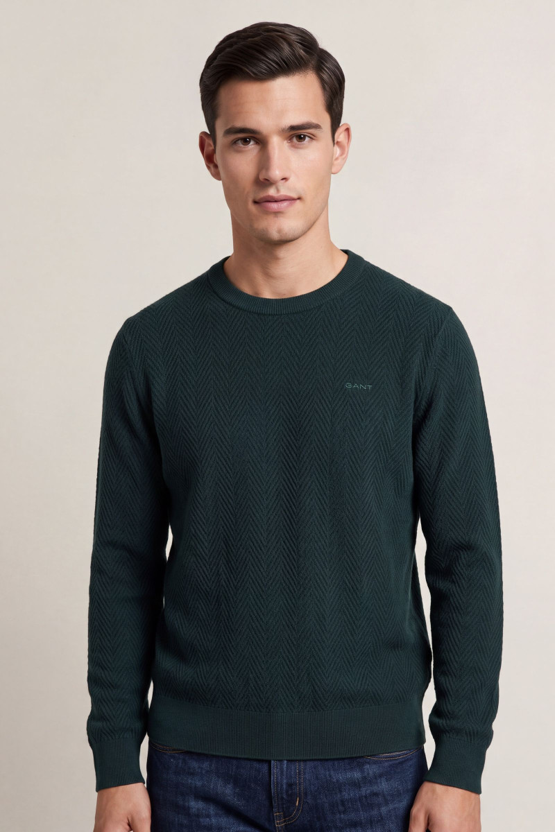 SVETER GANT HERRINGBONE TEXTURED C-NECK TARTAN GREEN