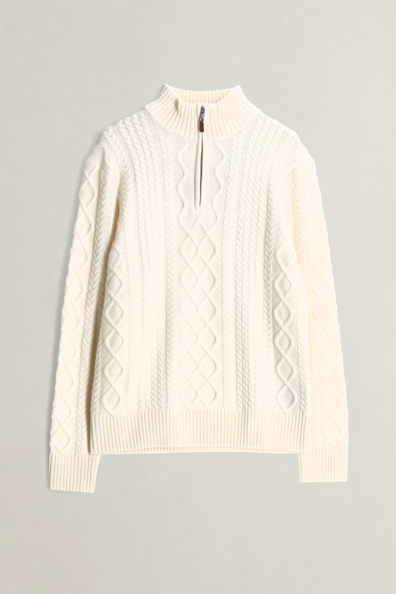 SVETER GANT WOOL BLEND CABLE KNIT HALF ZIP CREAM