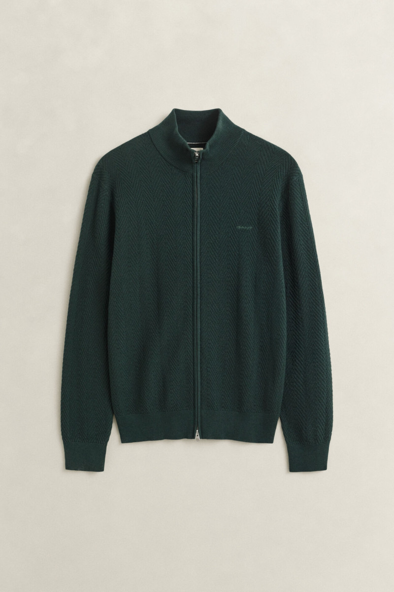 SVETER GANT HERRINGBONE TEXTURE ZIP CARDIGAN TARTAN GREEN