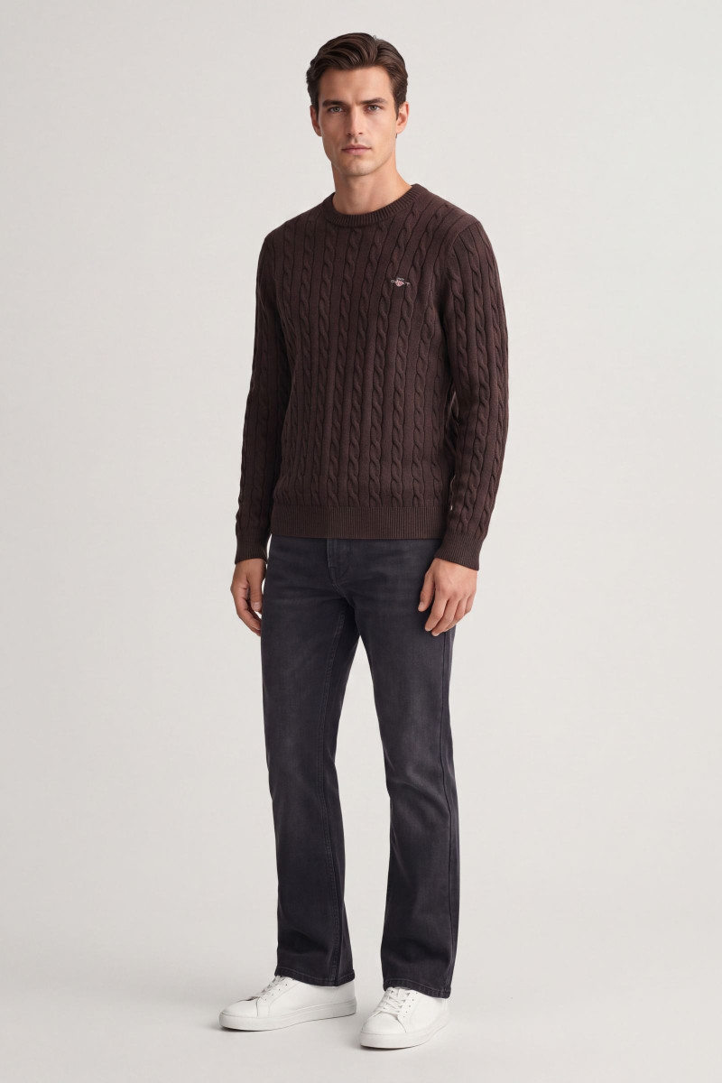 SVETER GANT COTTON CABLE C-NECK BLACK BROWN MELANGE