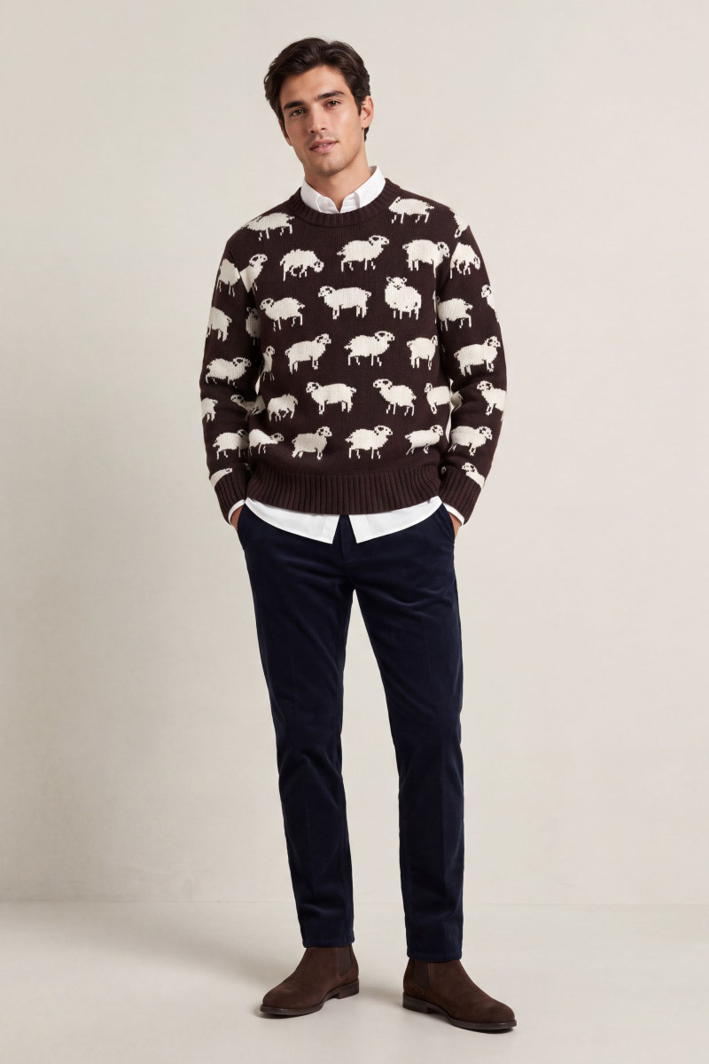 SVETER GANT WOOL BLEND JACQUARD C-NECK BLACK BROWN