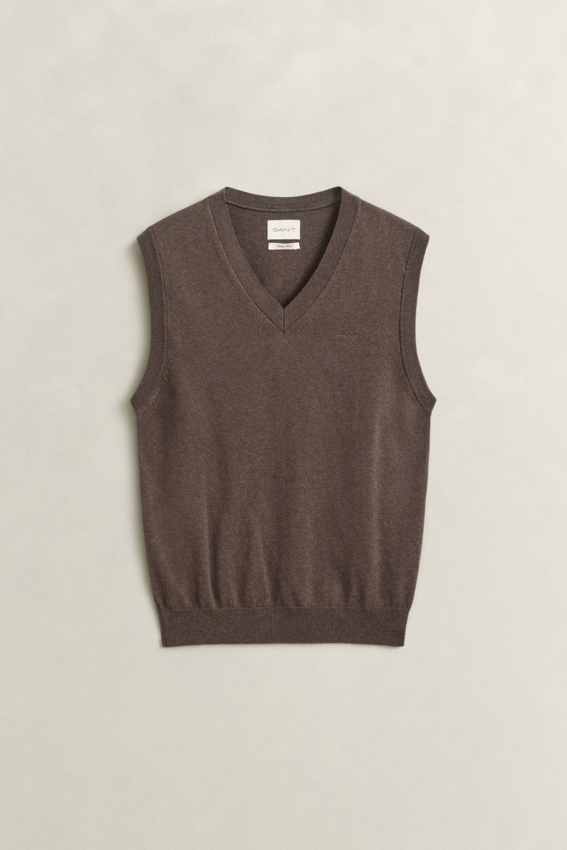 VESTA GANT COTTON WOOL V-NECK VEST BROWN MELANGE