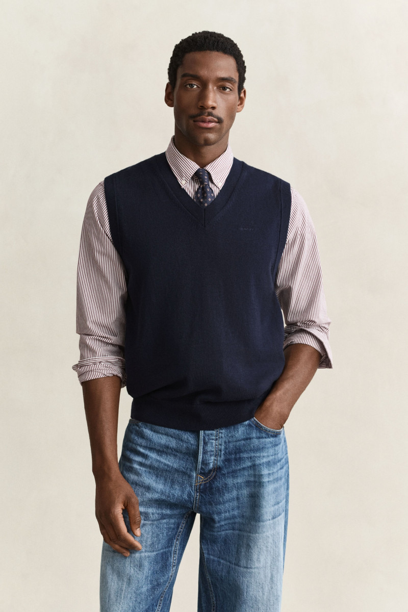 VESTA GANT COTTON WOOL V-NECK VEST EVENING BLUE