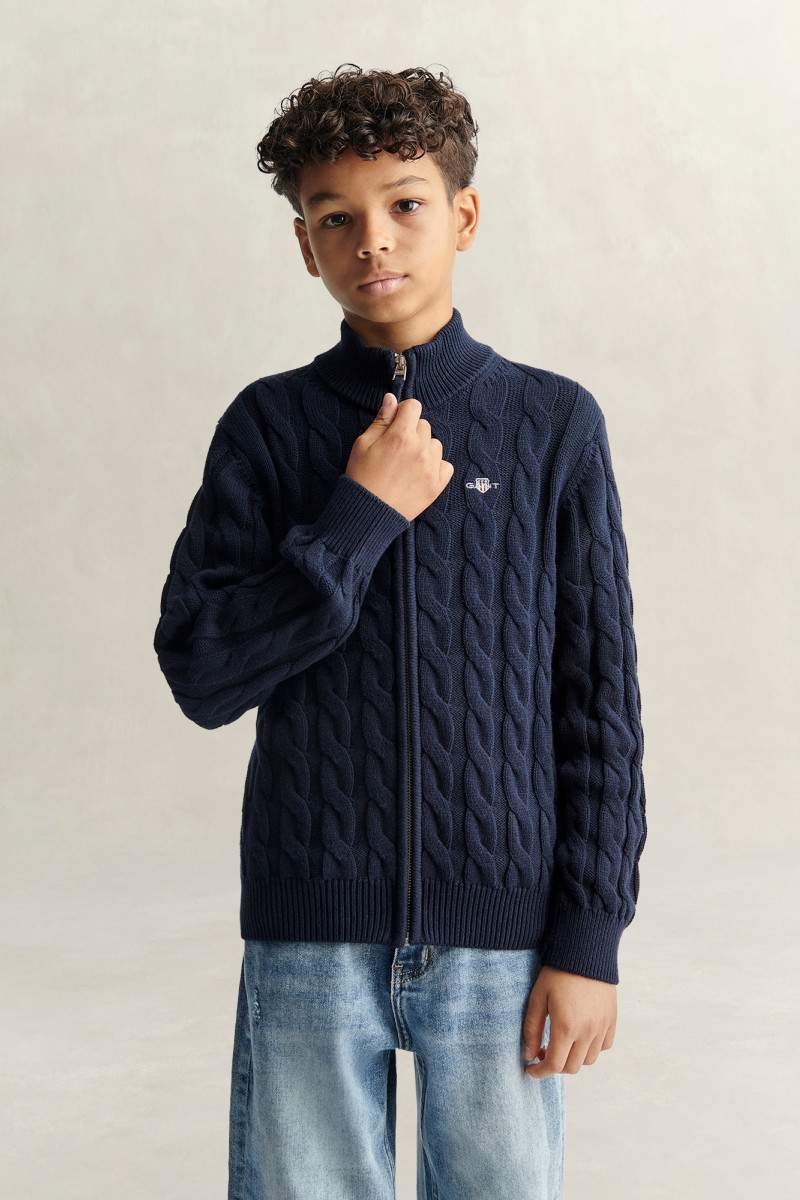 SVETER GANT SHIELD COTTON CABLE ZIP SWEATER EVENING BLUE